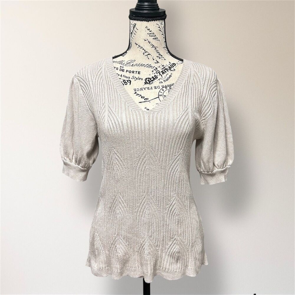 New Elie Tahari M Beige Ribbed knit V Neck‎ Puff Sleeve Pullover Sweater Holiday